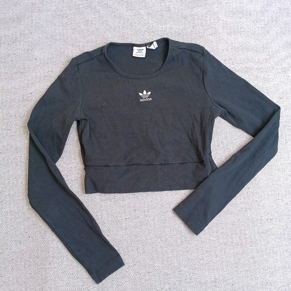 Adidas Cropped Top Womens M Black Excellent Ribbed Long Sleeve Trefoil Logo